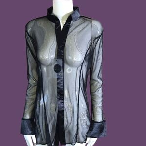 White and Blue Sheer Long Sleeve Blouse with Mandarin Collar